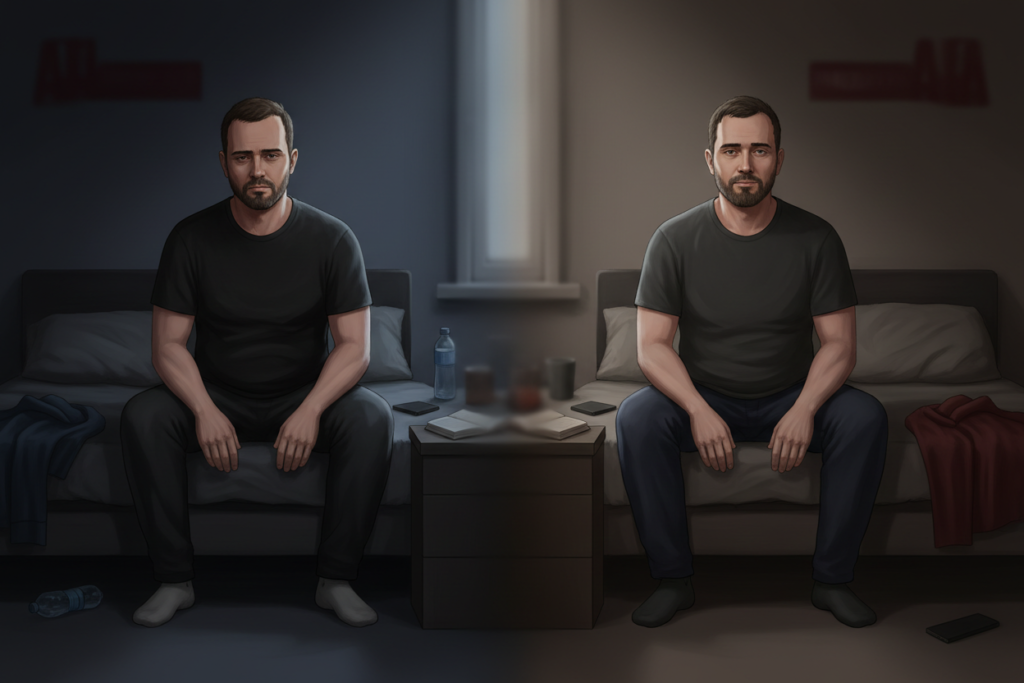 Mesmo homem adulto em cena dividida ao meio, à esquerda cansado e curvado em ambiente escuro e bagunçado e à direita mais disposto, ereto e em ambiente organizado, simbolizando mudança após cuidar dos sintomas de testosterona baixa e do estilo de vida.
