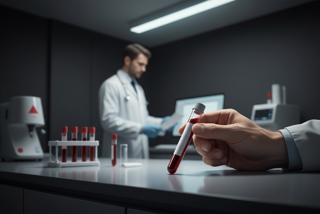 Mão masculina segurando tubo de ensaio com sangue em laboratório escuro e profissional de saúde ao fundo, representando exames de testosterona e diagnóstico de testosterona baixa em homens.